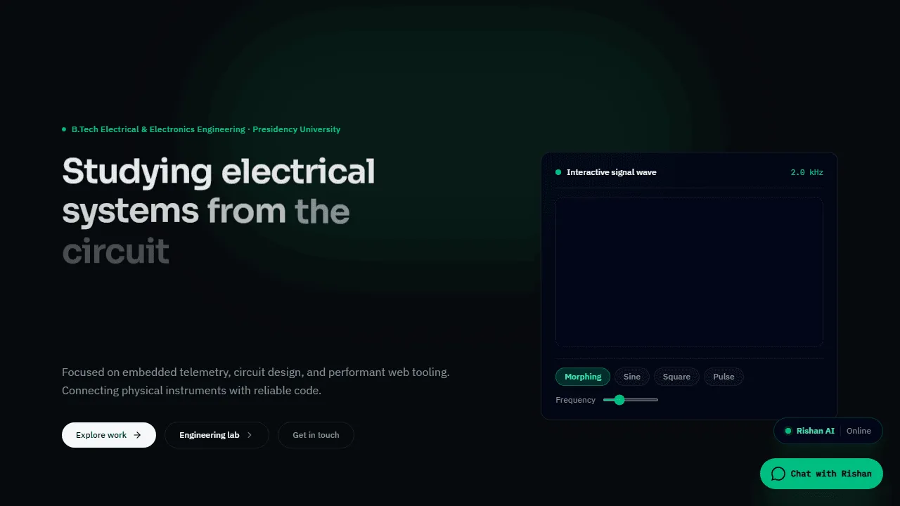 Dark homepage hero section displaying the heading Studying electrical systems from the circuit alongside an interactive 2.0 kHz signal wave control panel and action buttons