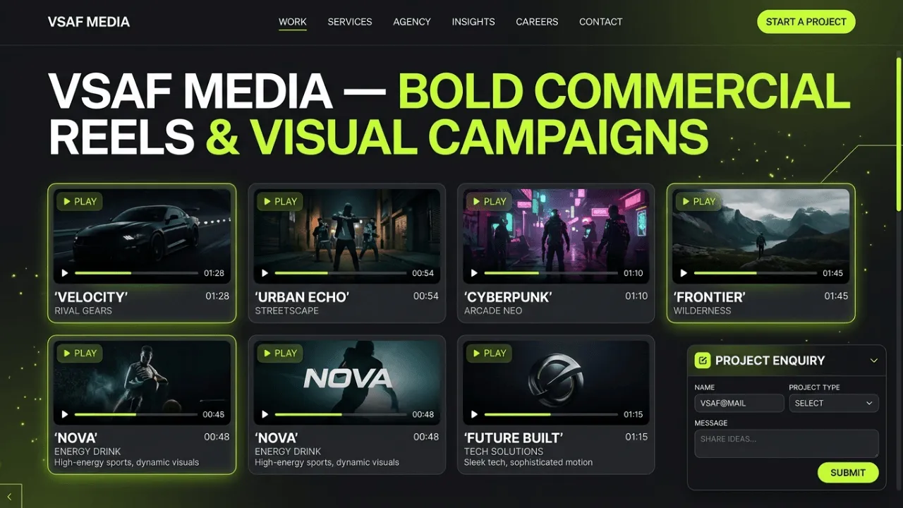 Dark media agency showcase for VSAF Media with neon lime accents, a grid of six commercial video reel cards with play buttons and durations, and a project enquiry form